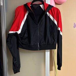 Women's Black and Red Sport Crop zip up Sweater